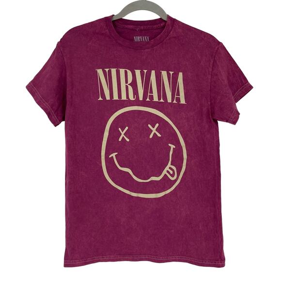 Officially Licensed Nirvana Nevermind Smiley Grunge Tee Magenta Acid Wash Small - Picture 5 of 5
